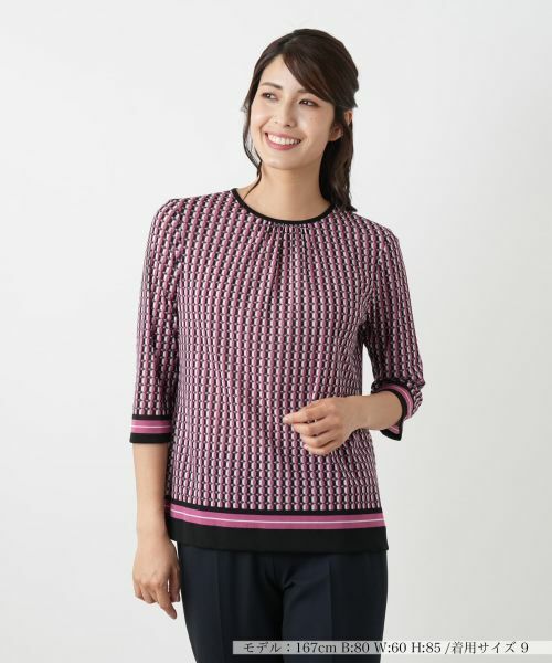 Leilian/レリアン 幾何学柄カットソー【Leilian WHITE LABEL】 ラズベリー 7(S)