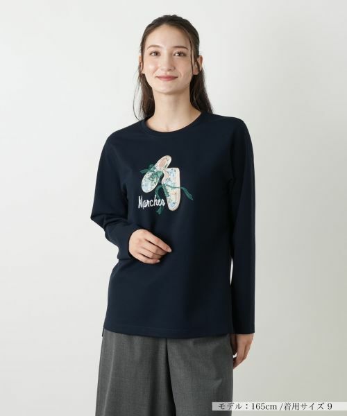 Leilian / レリアン カットソー | 刺繍クルーネックカットソー(ネイビー)