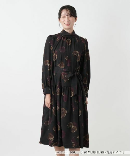 Leilian / レリアン ドレス | 洗えるプリントフレアワンピース【ROCHAS Premiere】【ERICA】(バーガンディ)