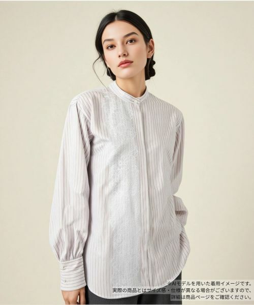 Leilian / レリアン シャツ・ブラウス | レースバンドカラー比翼ブラウス(ライトグレー)