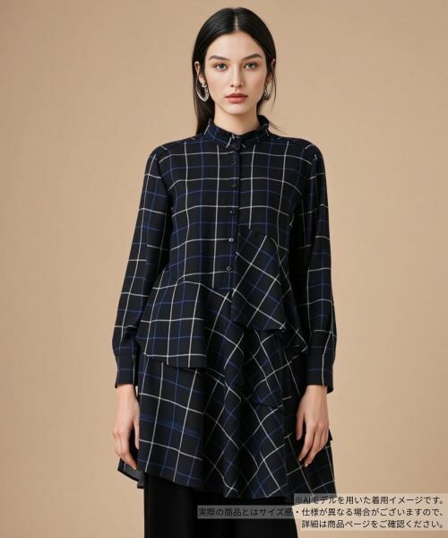 Leilian/レリアン チェックティアードフリルブラウス ネイビー 7(S) Leilian/レリアン チェックティアードフリルブラウス ネイビー 7(S)