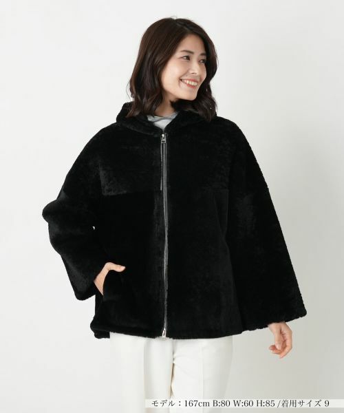 Leilian/レリアン シープファーフーデッドジャケット ブラック 9(M)