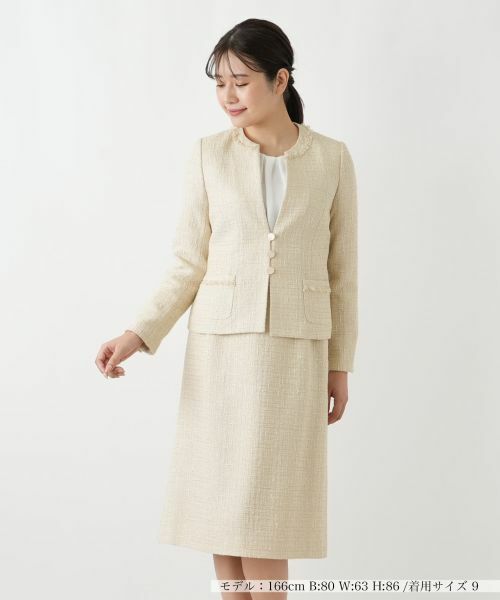 Leilian / レリアン セットアップ | ノーカラーツイード風スーツ【セレモニー】【Leilian WHITE LABEL】(キャメル)
