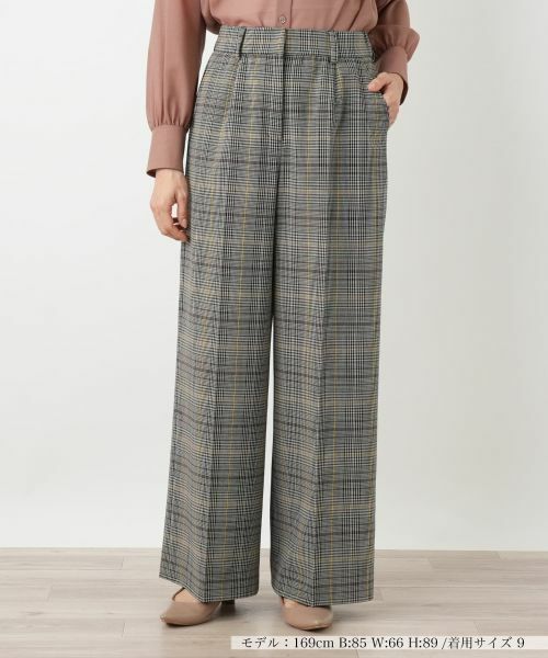 Leilian/レリアン グレンチェックワイドパンツ ブラウン系 7(S)