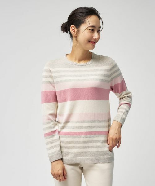 Leilian/レリアン マルチボーダークルーネックニット ピンク 9(M)