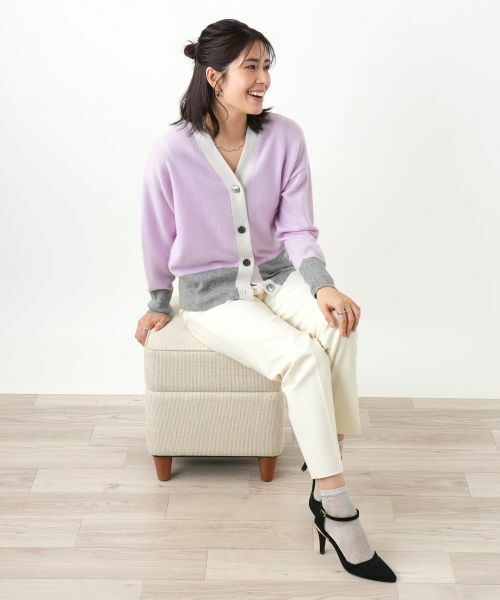 Leilian / レリアン カーディガン・ボレロ | カシミヤ配色カーディガン【Leilian WHITE LABEL】(ラベンダー)
