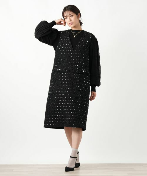 Leilian / レリアン ロング・マキシ丈ワンピース | ドットツイードジャンパースカート【セレモニー】【Leilian WHITE LABEL】(ブラック)