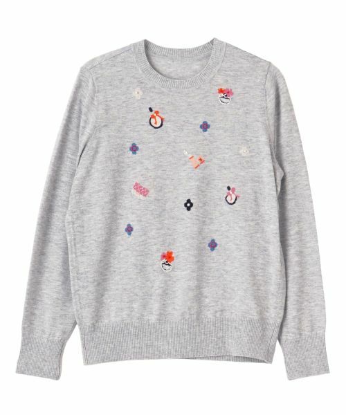 Leilian / レリアン ニット・セーター | 刺繍クルーネックニット【Leilian WHITE LABEL】(グレー)