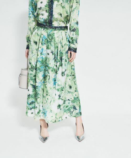 Leilian / レリアン ミニ・ひざ丈スカート | プリントフレアスカート（グリーン）