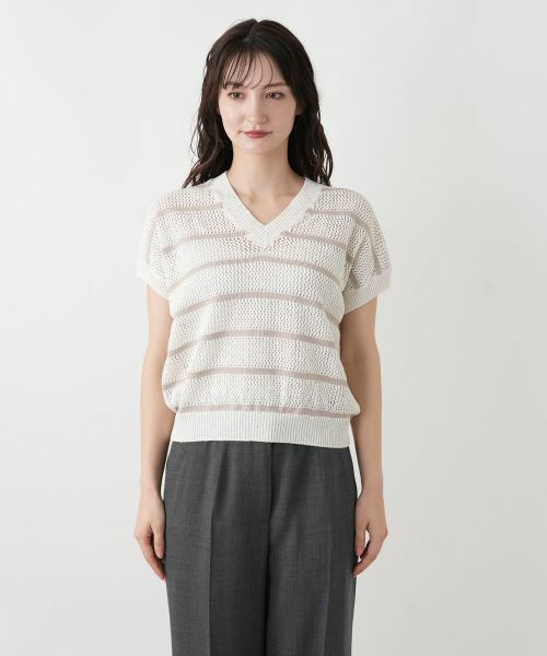 Leilian / レリアン ニット・セーター | ボーダーVネックフレンチスリーブニット | 詳細8
