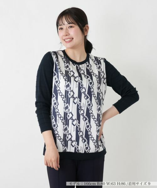 Leilian / レリアン ニット・セーター | チェーン柄切替クルーネックニット【ROCHAS Premiere】【RATTI】（ネイビー）