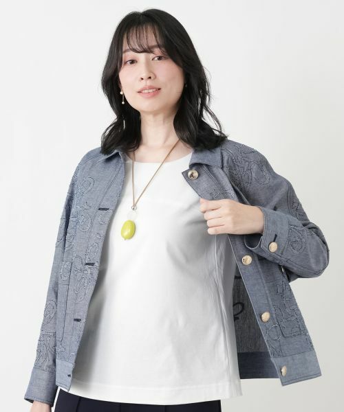 Leilian / レリアン テーラードジャケット | ボタニカル刺繍ジャケット【ROCHAS Premiere】（ネイビー系）