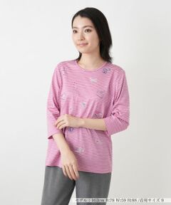 Leilian / レリアン カットソー | 刺繍ボーダー七分袖カットソー