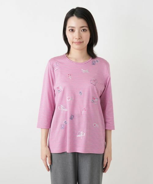 Leilian / レリアン カットソー | 刺繍ボーダー七分袖カットソー | 詳細13