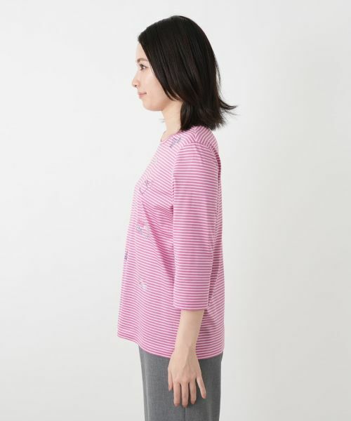 Leilian / レリアン カットソー | 刺繍ボーダー七分袖カットソー | 詳細14