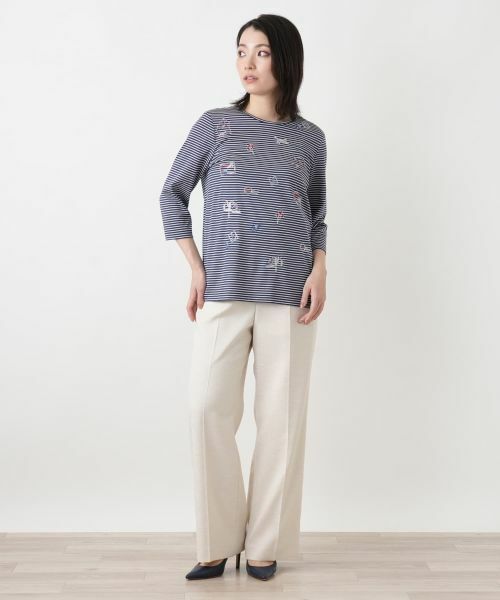 Leilian / レリアン カットソー | 刺繍ボーダー七分袖カットソー | 詳細4