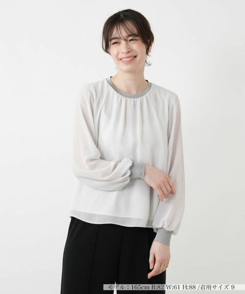 Leilian / レリアン カットソー | ラメニット切替ボリュームブラウス（ライトグレー）