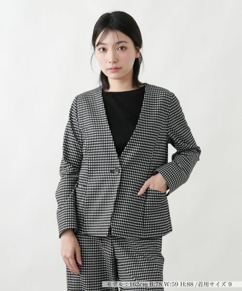 Leilian / レリアン テーラードジャケット | 洗えるギンガムチェックノーカラージャケット（ブラック）