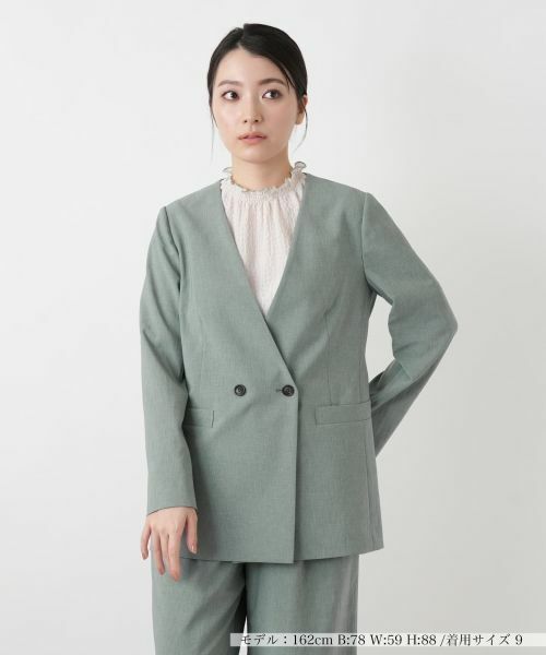 Leilian / レリアン テーラードジャケット | Vネックノーカラーダブルジャケット（モスグリーン）