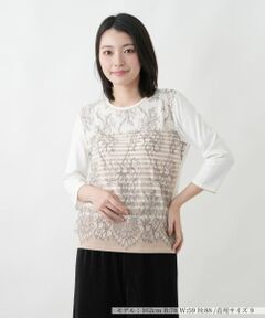 Leilian / レリアン ニット・セーター | ボタニカルボーダー七分袖ニット【Leilian WHITE LABEL】