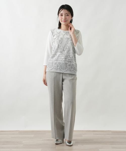 Leilian / レリアン ニット・セーター | ボタニカルボーダー七分袖ニット【Leilian WHITE LABEL】 | 詳細1