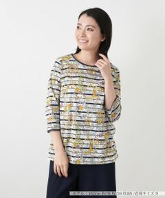 Leilian / レリアン カットソー | 花柄ボーダー七分袖カットソー【Leilian WHITE LABEL】