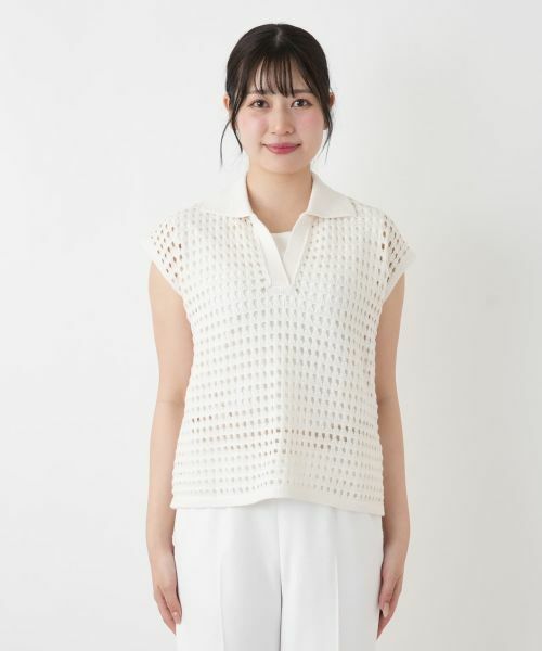 Leilian / レリアン テーラードジャケット | 透かし編み切替ニットポロシャツ | 詳細10