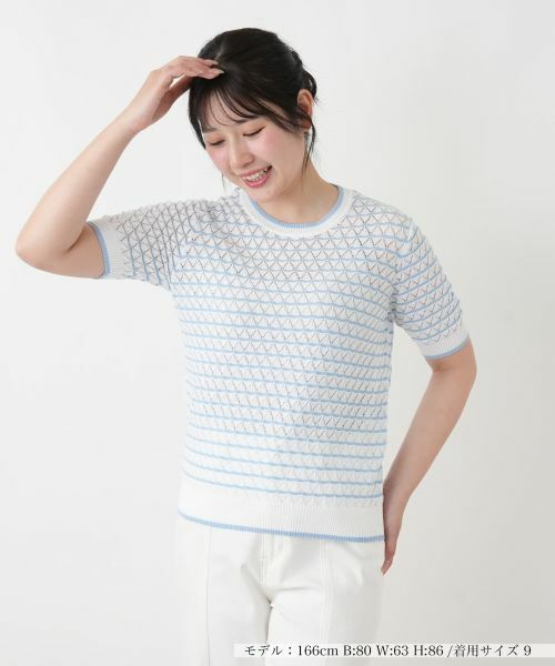 Leilian / レリアン ニット・セーター | 透かし編みボーダーニット（スカイブルー）