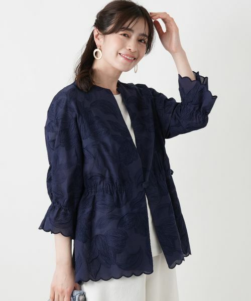 Leilian / レリアン テーラードジャケット | ボタニカル刺繍ノーカラージャケット【ROCHAS Premiere】 | 詳細1