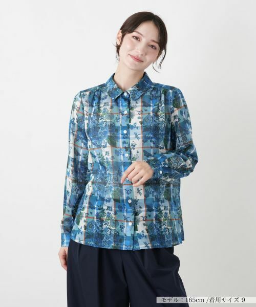 Leilian / レリアン シャツ・ブラウス | フラワー柄チェック襟付きブラウス（ブルー系）