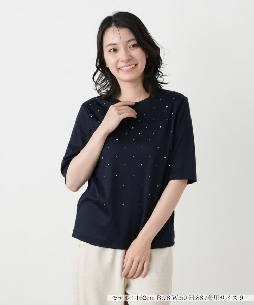 Leilian / レリアン Tシャツ | ラインストーンクルーネックカットソー【Leilian WHITE LABEL】（ネイビー）