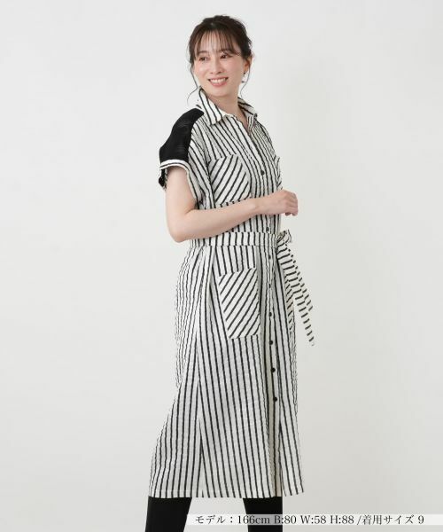 Leilian / レリアン ドレス | 編地切替ストライプワンピース（ブラック）