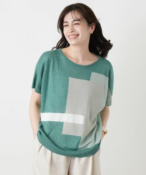 Leilian / レリアン ニット・セーター | ブロック柄クルーネックニット【HAND】（グリーン）