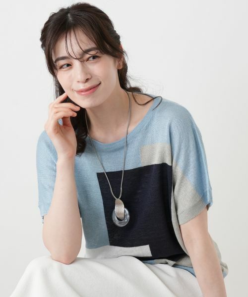 Leilian / レリアン ニット・セーター | ブロック柄クルーネックニット【HAND】 | 詳細1