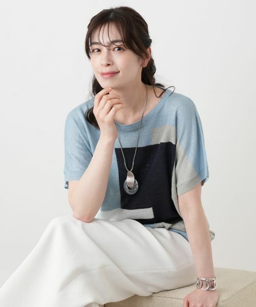 Leilian / レリアン ニット・セーター | ブロック柄クルーネックニット【HAND】（スカイブルー）