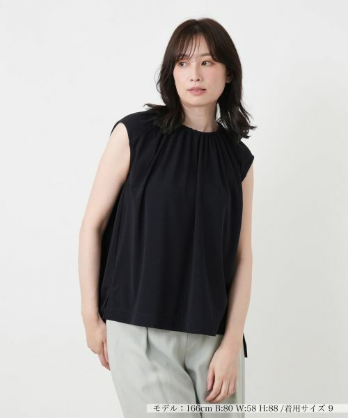 Leilian / レリアン カットソー | ノースリーブギャザーブラウス（ネイビー）