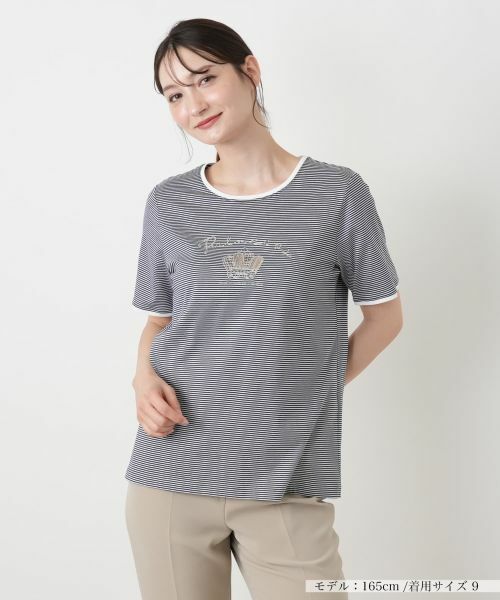 Leilian / レリアン カットソー | クラウン刺繍ナローボーダーTシャツ【MUSE BY ROCHAS Premiere】（ネイビー）