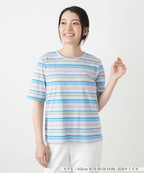 Leilian / レリアン カットソー | マルチカラーボーダーTシャツ【Leilian WHITE LABEL】（ロイヤルブルー）