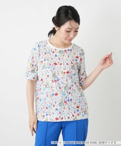 Leilian / レリアン Tシャツ | 総柄プリントクルーネックTシャツ(レッド系)