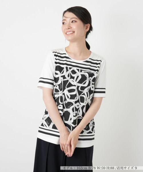Leilian / レリアン Tシャツ | 幾何学柄クルーネックカットソー【ROCHAS Premiere】（ブラック）