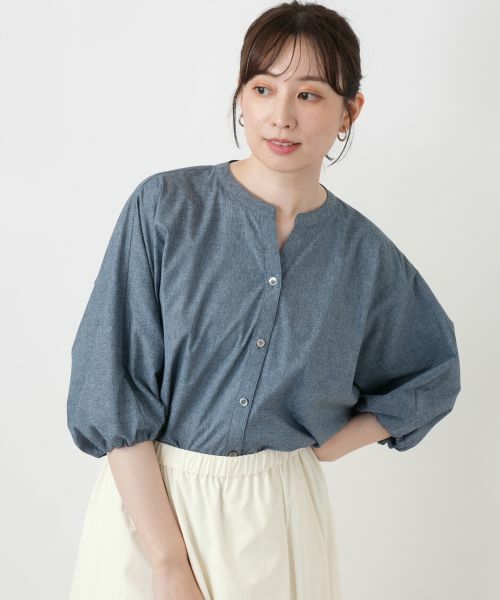 Leilian / レリアン シャツ・ブラウス | キーネックバルーンスリーブブラウス【Leilian WHITE LABEL】（ネイビー系）