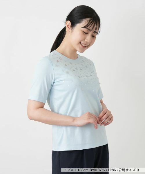 Leilian / レリアン Tシャツ | スパンコール刺繍カットソー【Leilian WHITE LABEL】(サックスブルー)