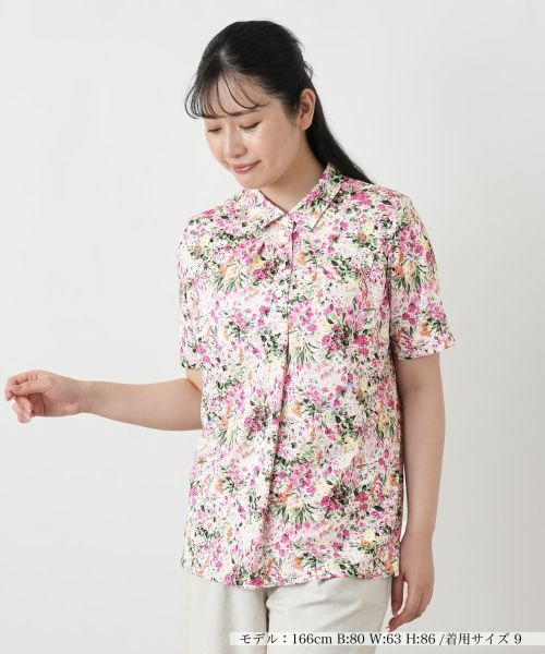 Leilian / レリアン ポロシャツ | 花柄レギュラーカラーブラウス【Leilian WHITE LABEL】（レッド）