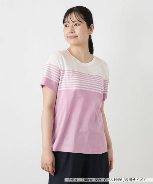 Leilian / レリアン カットソー | ボーダー切替クルーネックTシャツ（パープル）