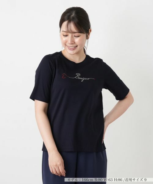 Leilian / レリアン Tシャツ | ビジュークルーネックカットソー【Leilian WHITE LABEL】(ネイビー)