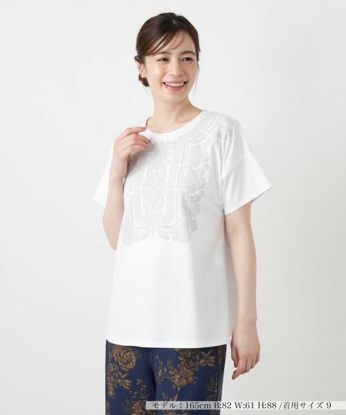 Leilian / レリアン カットソー | 発泡プリントクルーネックTシャツ【Leilian WHITE LABEL】（アイボリー）