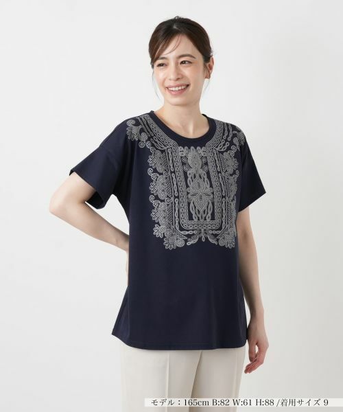 Leilian / レリアン カットソー | 発泡プリントクルーネックTシャツ【Leilian WHITE LABEL】（ネイビー）