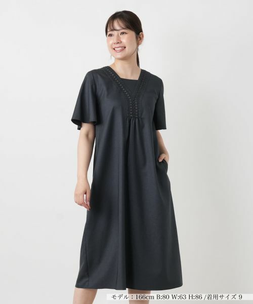 Leilian / レリアン ドレス | レース刺繍Vネックサックワンピース【Leilian WHITE LABEL】(ネイビー系)