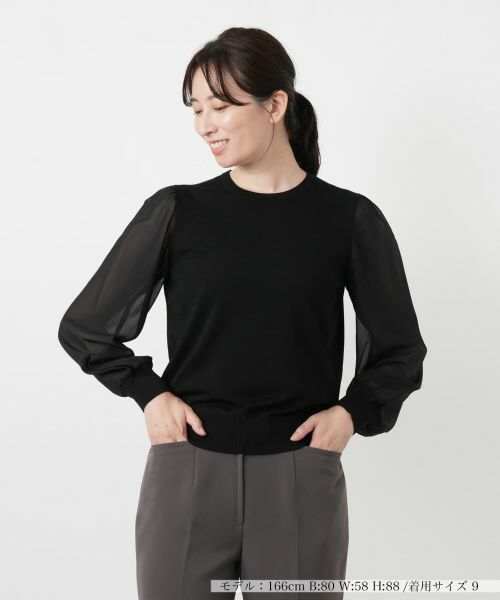 Leilian / レリアン ニット・セーター | シフォン切替クルーネックニット【Leilian WHITE LABEL】(ブラック)