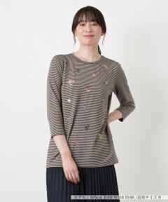 Leilian / レリアン カットソー | 刺繍ボーダークルーネックカットソー